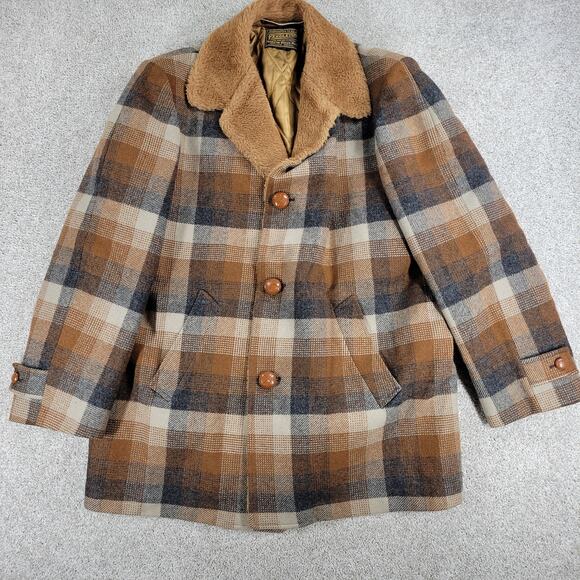 Pendleton Other - VTG Pendleton Wool Coat Mens L Brown Plaid Faux Fur Retro Jacket Classic Grandpa